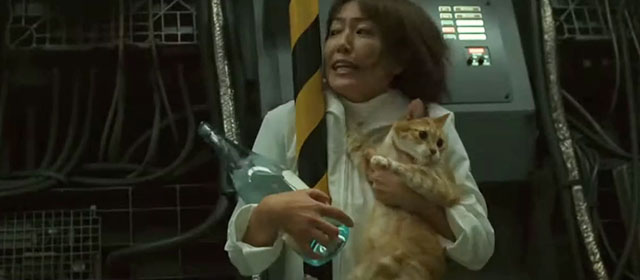 Space Battleship Yamato - Dr. Sado Reiko Takashima clinging to ginger and white tabby cat