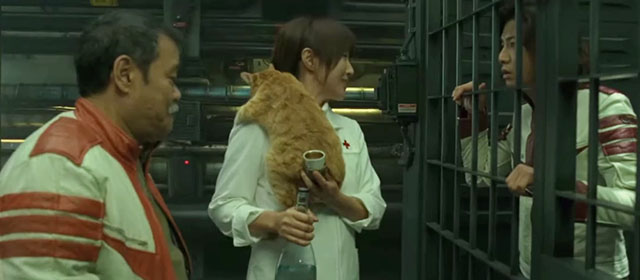 Space Battleship Yamato - Dr. Sado Reiko Takashima holding ginger and white tabby cat with Kodai Takuya Kimura and Tokugawa Toshiyuki Nishida