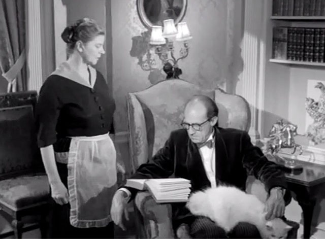 The Spaniard's Curse - Manton Michael Hordern sitting with white longhair cat on lap with maid Olga Dickie