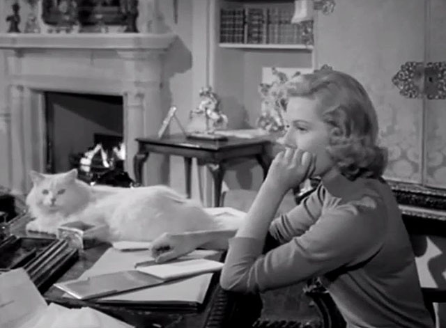 The Spaniard's Curse - Margaret Susan Beaumont sitting at desk with white longhair cat