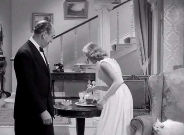 The Spaniard's Curse - Margaret Susan Beaumont and Manton Michael Hordern with white longhair cat on chair