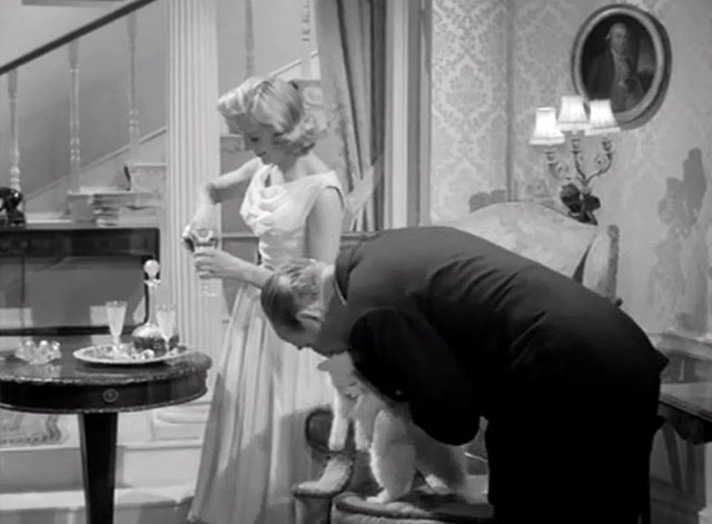 The Spaniard's Curse - Margaret Susan Beaumont with Manton Michael Hordern kissing white longhair cat on chair