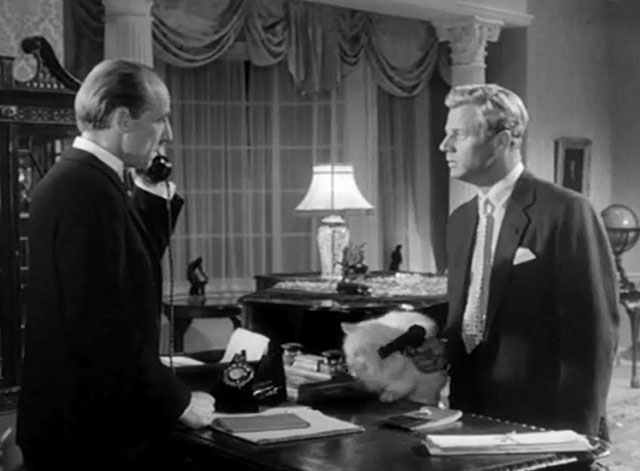 The Spaniard's Curse - Charley Tony Wright holding gun on Manton Michael Hordern as white longhair cat jumps on desk