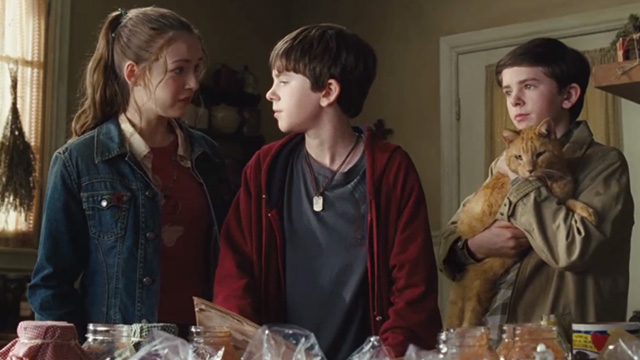 The Spiderwick Chronicles - orange tabby cat Tibbs held by Simon Freddie Highmore with Jared and Mallory Sarah Bolger