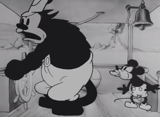 Steamboat Willie - Mickey Mouse blowing raspberry behind Captain Pete cat's back