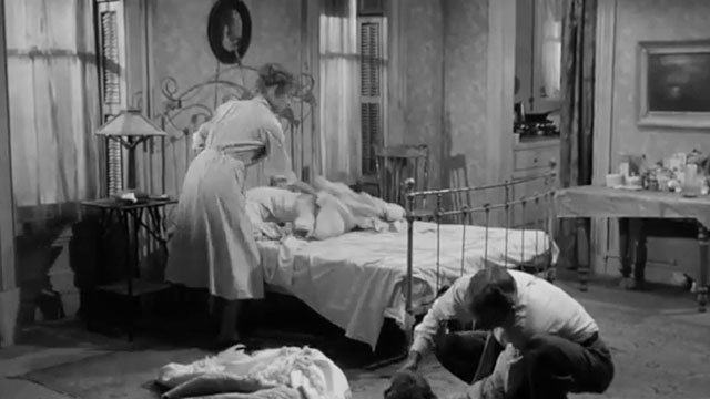 Step Down to Terror - Johnny Charles Drake with gray cat on floor and Mrs. Duprez Ann Doran
