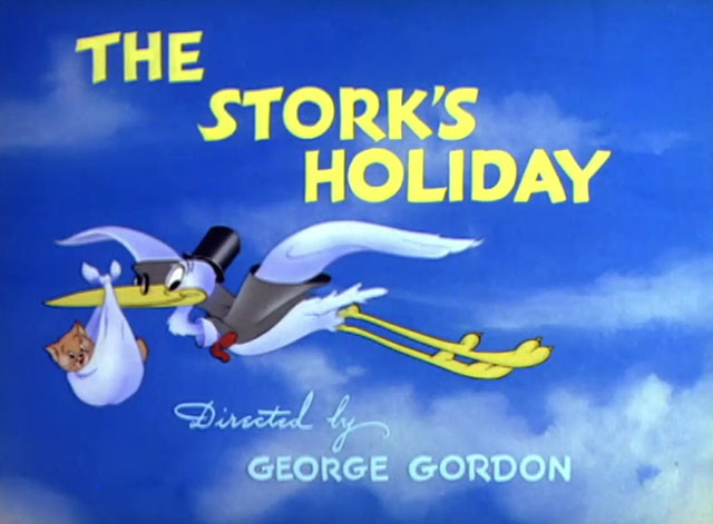 The Stork's Holiday - opening placard with Stork and kitten in bundle