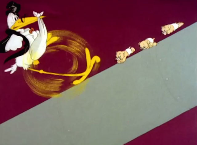 The Stork's Holiday - Stork and three cartoon kittens running along missile