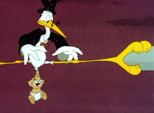 The Stork's Holiday - cartoon kitten hanging from tail of Stork holding shells apart