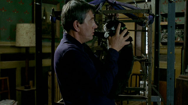 Histoire de Marie et Julien - The Story of Marie and Julien - Jerzy Radziwilowicz holding up tuxedo cat Nevermore Gaspard