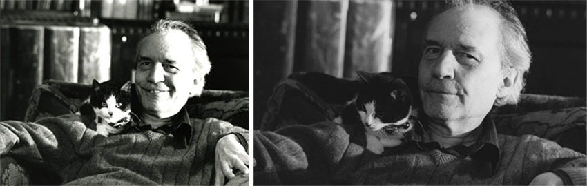 director Jacques Rivette posing with tuxedo cat actor Gaspard