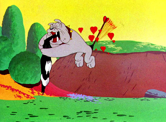 The Stupid Cupid - cartoon black and white cat with head inside bulldog's mouth