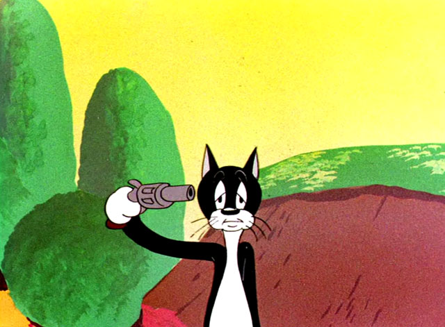 The Stupid Cupid - cartoon black and white cat about to shoot himself in the head