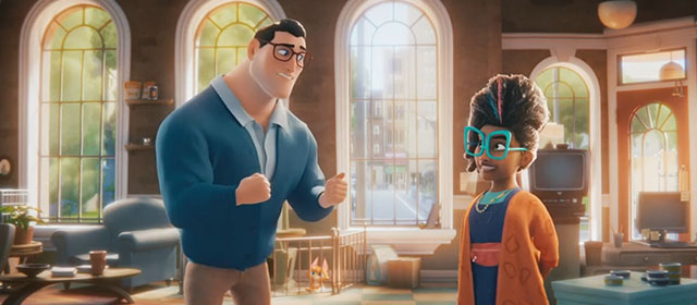 DC League of Super-Pets - Clark Kent with shelter worker and cartoon Somali kitten Whiskers in background