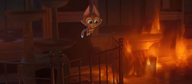 DC League of Super-Pets - cartoon Somali kitten Whiskers being lifted from burning shelter