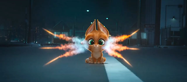 DC League of Super-Pets - cartoon Somali kitten Whiskers firing whiskers like missiles