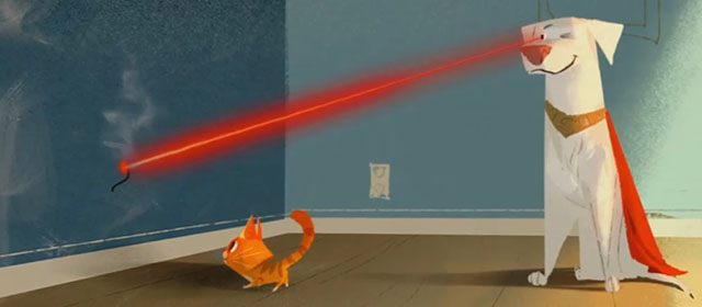 DC League of Super-Pets - artwork of Krypto using laser vision to play with cartoon Somali kitten Whiskers