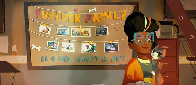 DC League of Super-Pets - shelter woman holding cartoon grey and white kitten