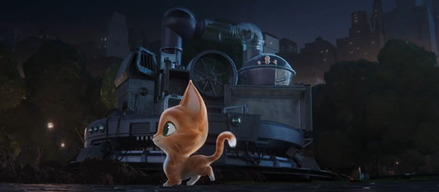 DC League of Super-Pets - cartoon Somali kitten Whiskers skipping past trapped Lex Luthor