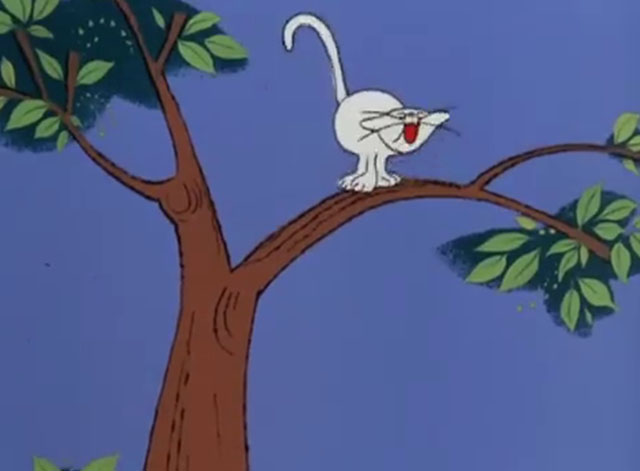 Super Pink - white cartoon cat in tree meowing
