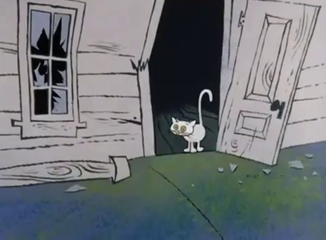Super Pink - white cartoon cat in doorway of smashed house