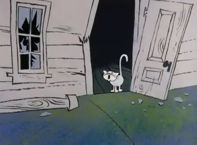 Super Pink - white cartoon cat in doorway of smashed house meowing