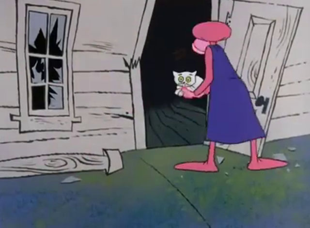 Super Pink - Panther picking up white cartoon cat from doorway of smashed house