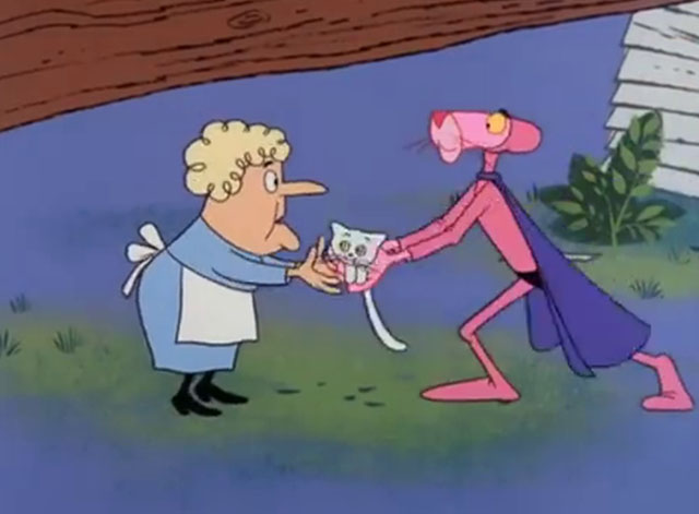 Super Pink - Panther handing white cartoon cat to old woman
