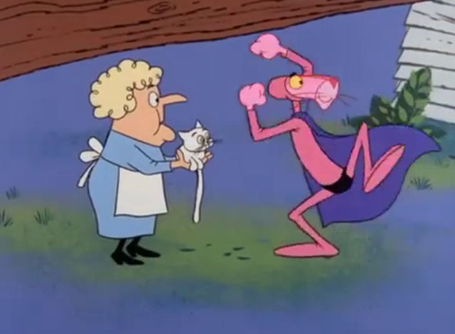 Super Pink - Panther after handing white cartoon cat to old woman