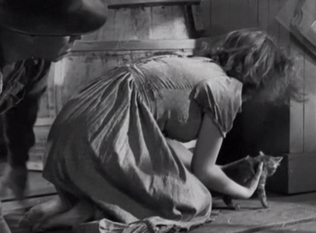 Swamp Water - Julie Anne Baxter pulling tabby kitten from behind barrel