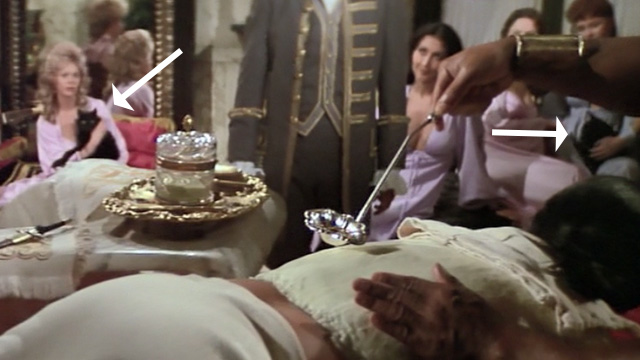 Swashbuckler - long haired black cats and women in background while Lord Durant Peter Boyle gets waxed