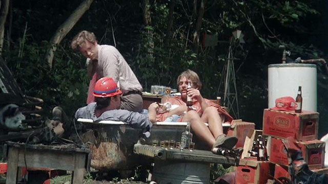 Take This Job and Shove It - Frank Robert Hays with Harry David Keith and Ray Tim Thomerson drinking in rotting bathtub with sleeping ginger and white tabby cat