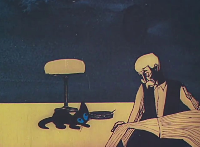 Tale of Moonlight - Shazka pro lunnyy svet - cartoon black kitten on table with man reading newspaper