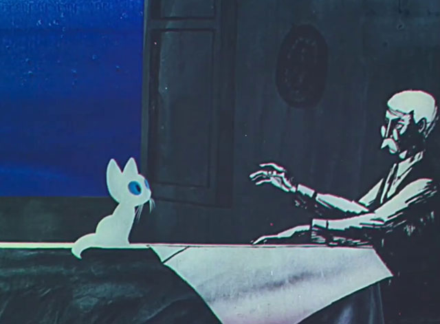 Tale of Moonlight - Shazka pro lunnyy svet - cartoon white kitten glowing on table with man reading newspaper