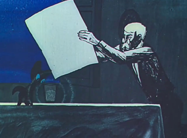 Tale of Moonlight - Shazka pro lunnyy svet - cartoon black kitten watching man pour glowing dust ilnto glass