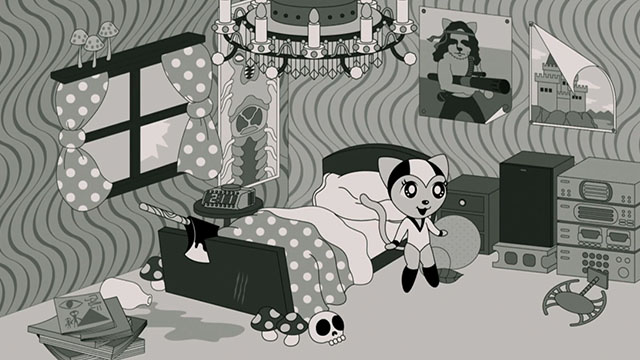 Tamala 2010: A Punk Cat in Space - cartoon cat Tamala getting up from bed