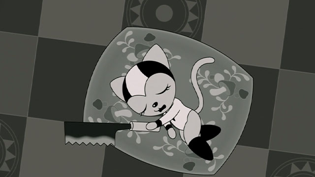 Tamala 2010: A Punk Cat in Space - cartoon cat Tamala sleeping on table with saw