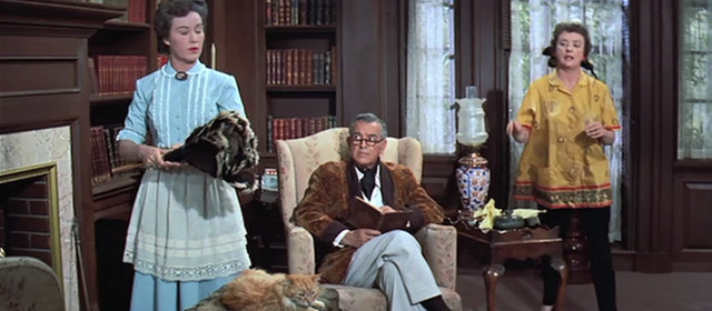 Tammy and the Bachelor - Aunt Renie Mildred Natwick and long haired ginger tabby cat Picasso in library with Mrs. Brent Fay Wray and Professor Brent Sidney Blackmer