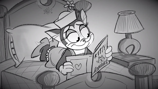 That's Love - cartoon female cat on bed reading romance magazine