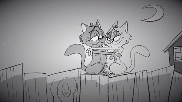 That's Love - two cartoon cats embracing on fence