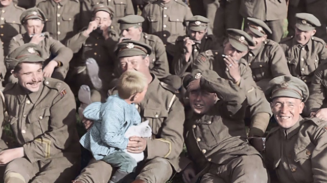 They Shall Not Grow Old - British soldiers with boy and white cat