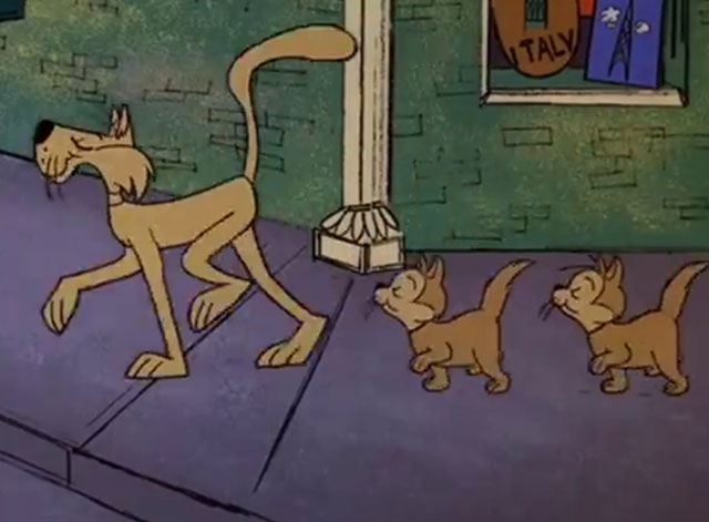 Think Before You Pink - large brown cartoon cat leading three kittens along sidewalk