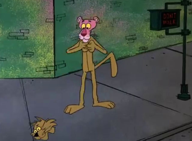 Think Before You Pink - the Pink Panther taking off large brown cartoon cat suit