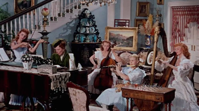 Those Redheads from Seattle - Nell Kay Strother playing flute with ginger tabby cat President McKinley on lap with Mrs. Edmonds Agnes Moorehead, Kathie Rhonda Fleming, Pat Teresa Brewer and Connie Cynthia Strother