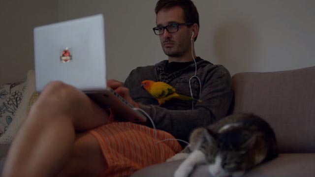 Tickled - David Farrier with parrot Keith and cat Minnie on couch