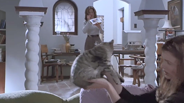'Til There Was You - BGwen Jeanne Tripplehorn holding up tabby cat in foreground with Debbie Jennifer Aniston in background