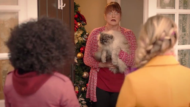 Tiny Christmas - Mrs. Findlay Patricia Drake holding Himalayan cat Tinselpaws looking at Barkley Lizzy Greene and Emma Riele Downs