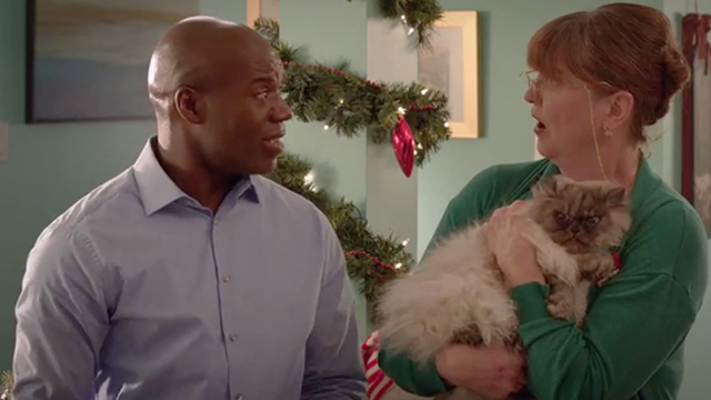 Tiny Christmas - Mrs. Findlay Patricia Drake holding Himalayan cat Tinselpaws with Greg Panou