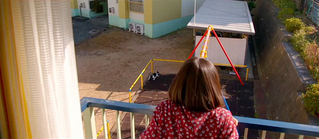 Tora-san - tuxedo cat running across playground watched by Miyu Kokoro Hirasawa