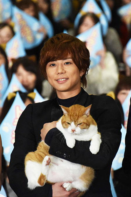 Tora-san - Hiromitsu Kitayama posing at screening with ginger and white tabby cat Kintoki